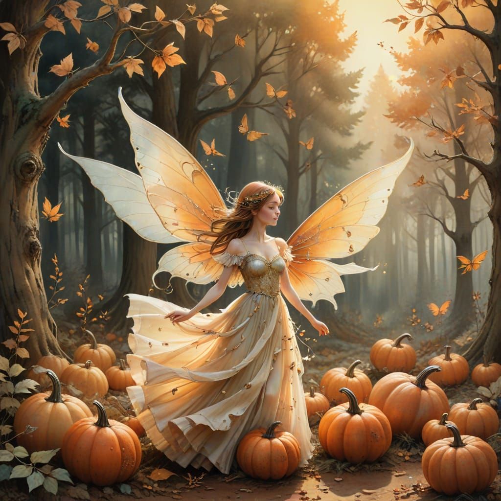 Whimsical Fairies in Autumn Pumpkin Forest