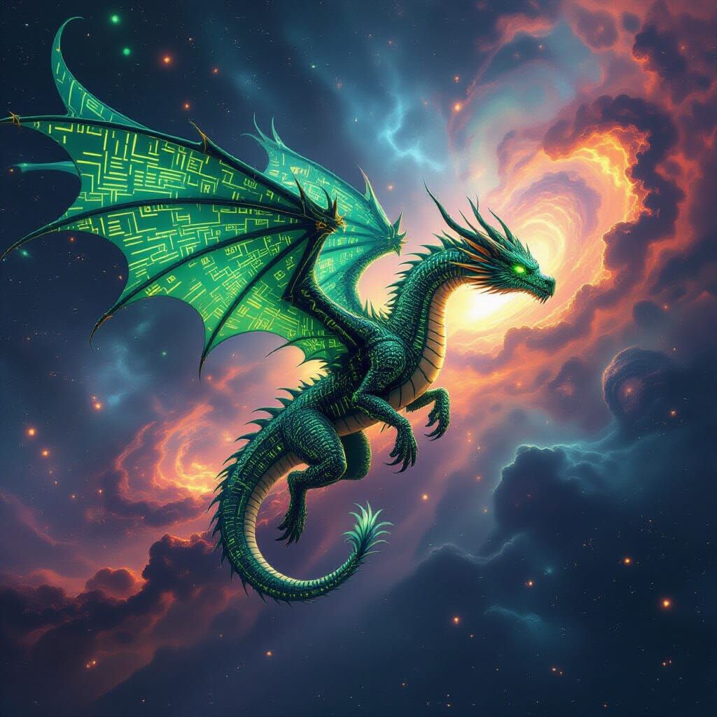 Cybernetic Dragon Soars Through Digital Nebula