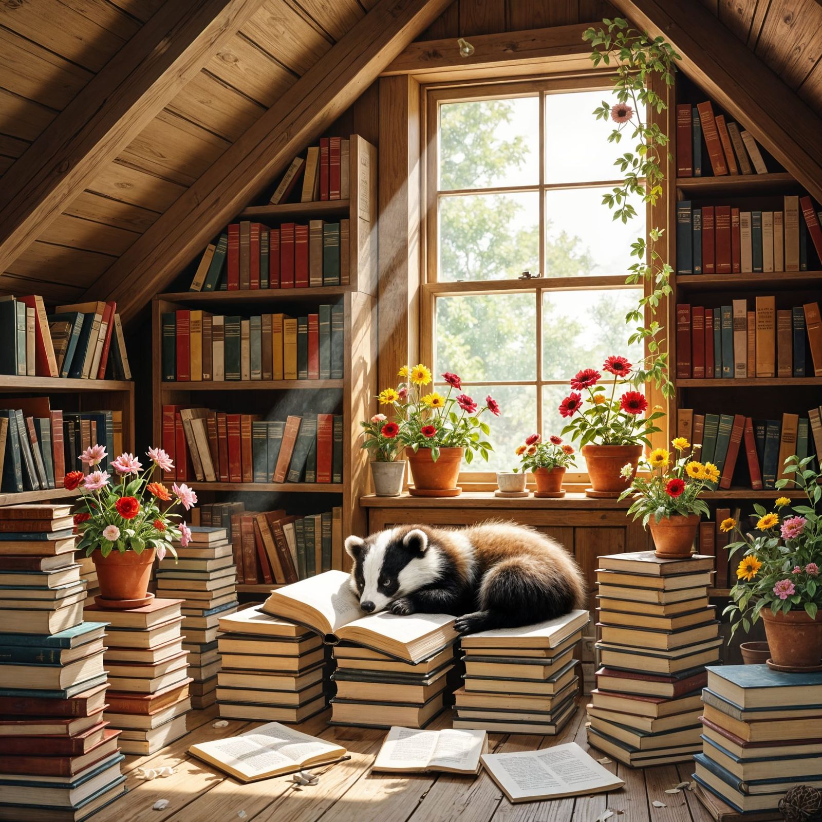 Cozy Attic Library with Napping Badger, Mixed Media Illustra...