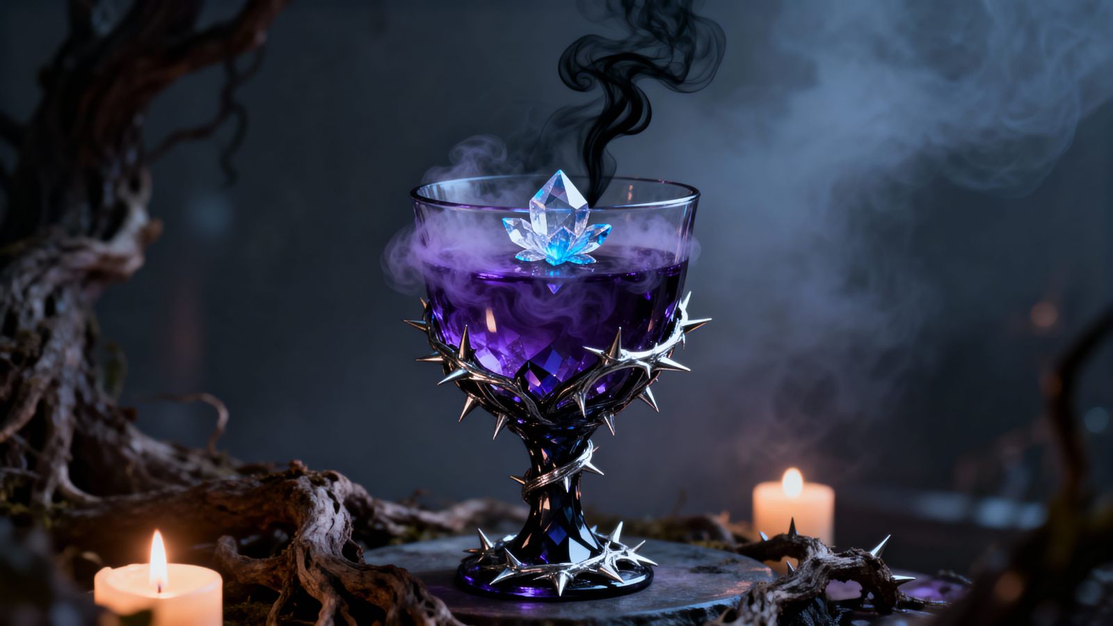 Gothic Fae Fantasy Goblet with Smoky Purple Elixir