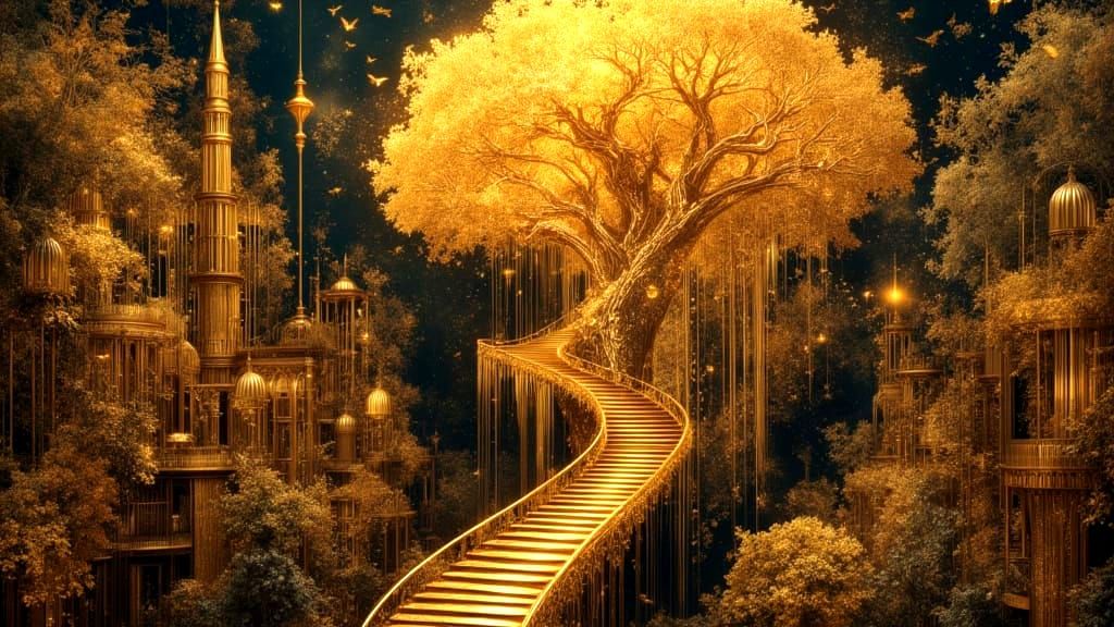 Surreal Golden Treehouse in Lush Jungle with Flowing Sap