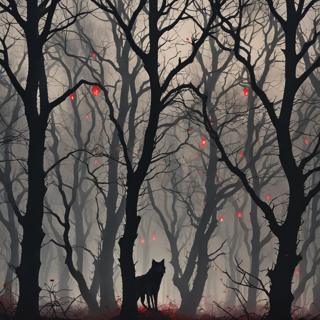 Ominous Wolves in a Dark Forest at Night