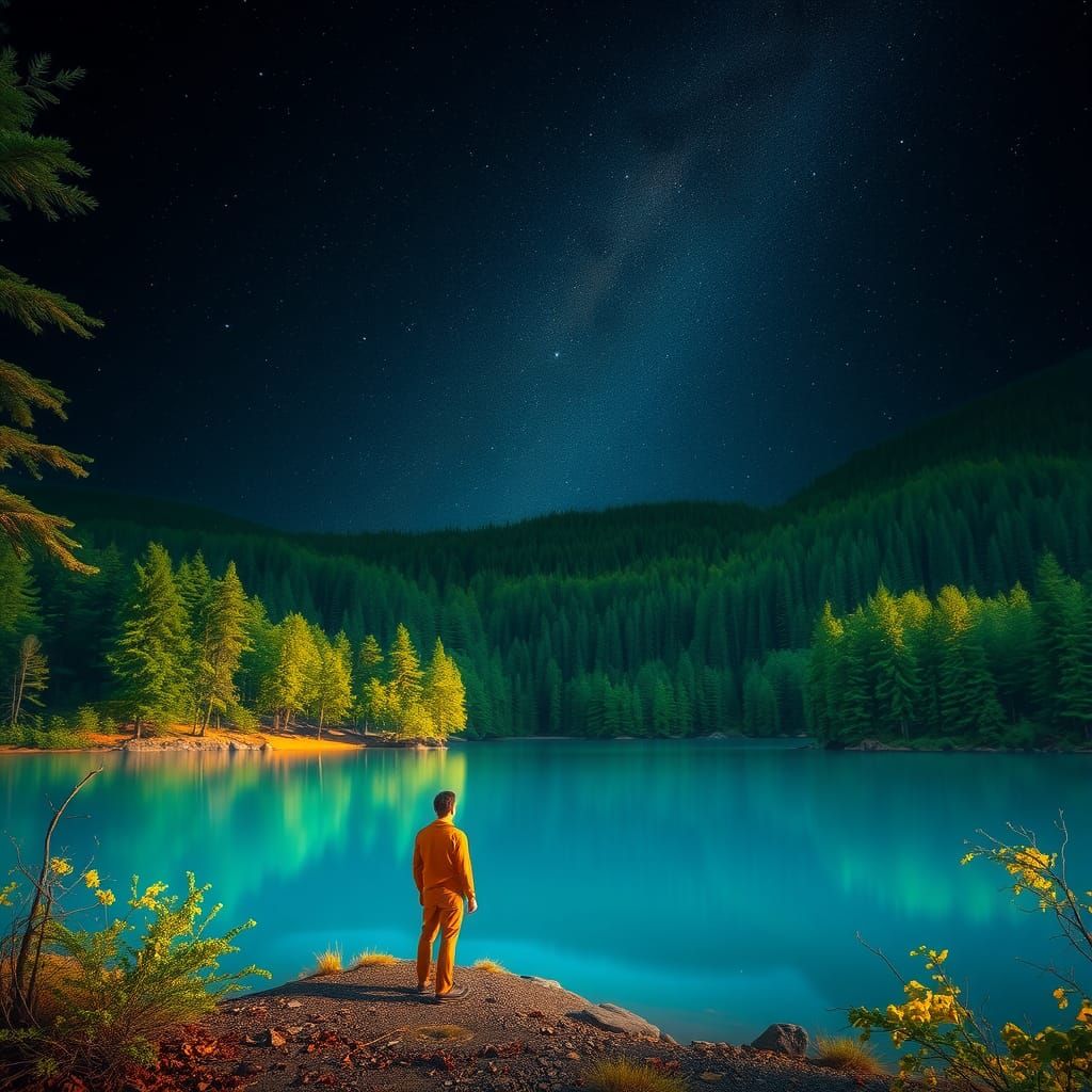 Serene Figure at Majestic Lake Under Starry Sky