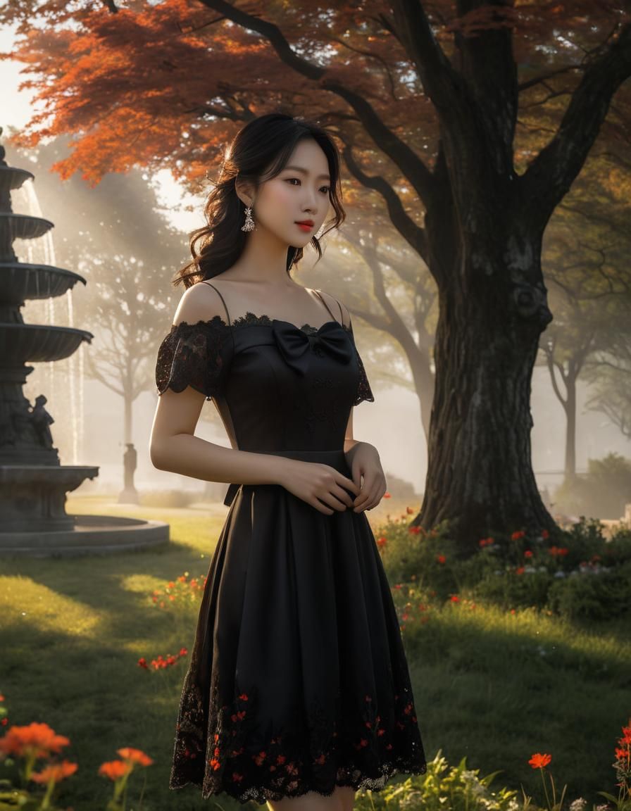 Korean Woman in Park: Chiaroscuro Oil Painting