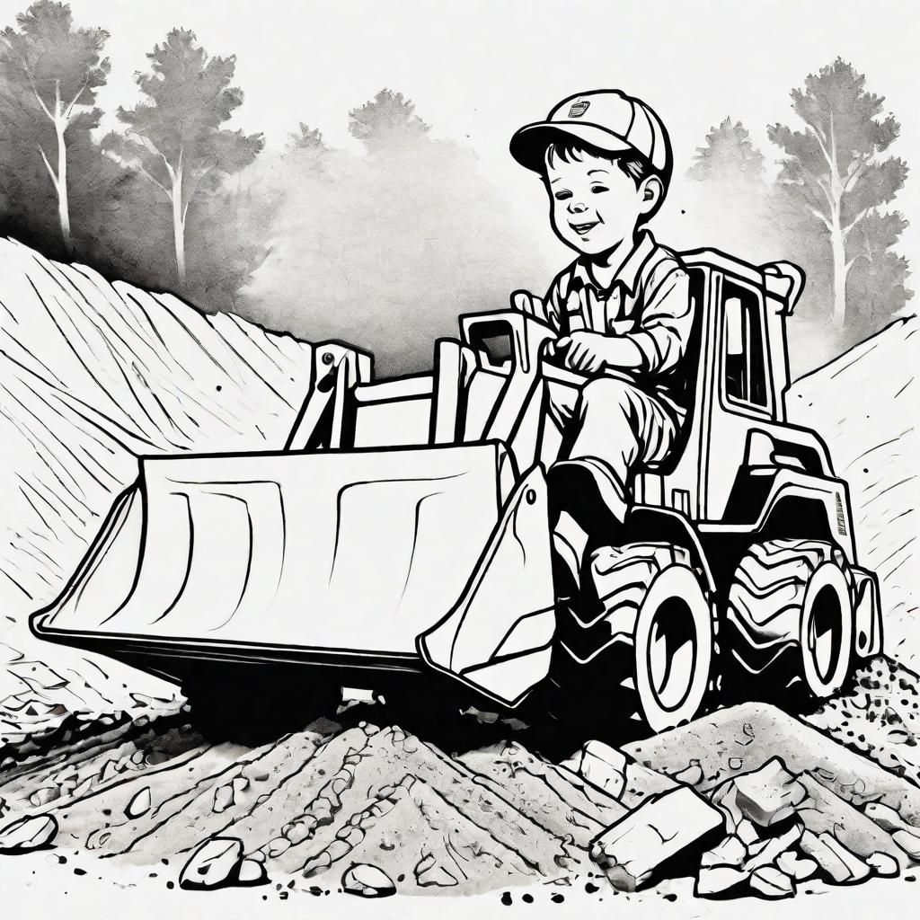 Boy and Toy Bulldozer Line Drawing