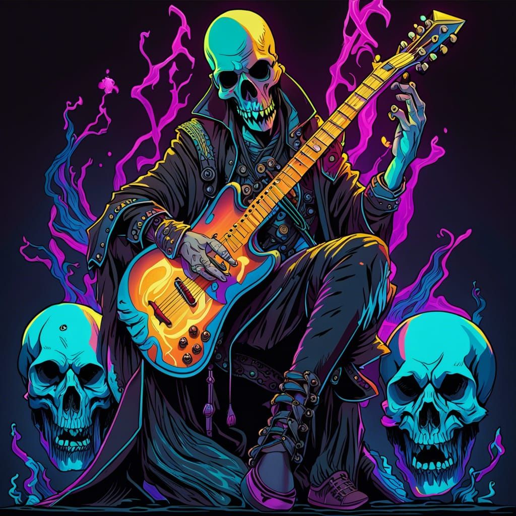 Undead Bard with Skull Guitar: Aetherpunk Ink Drawing