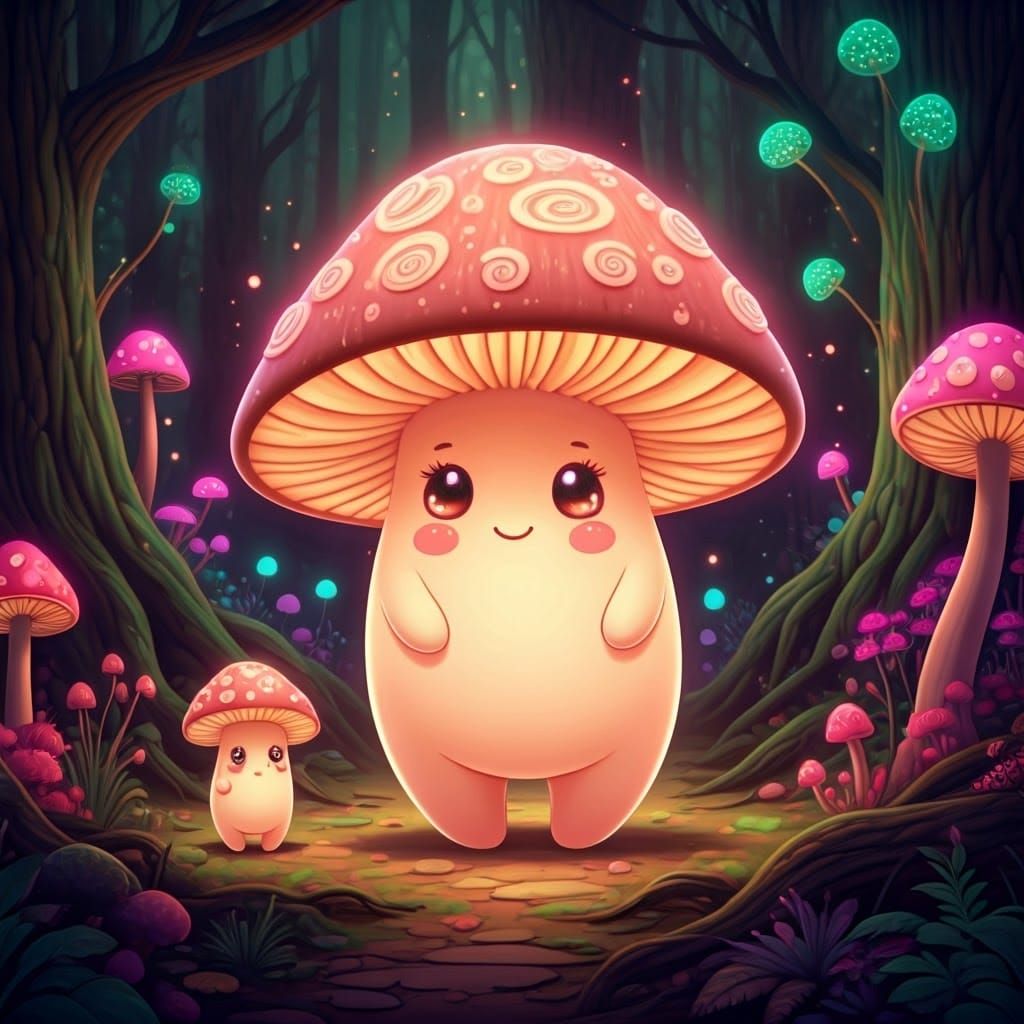 Glowing Mushroom Humanoids Frolic in Ethereal Forest