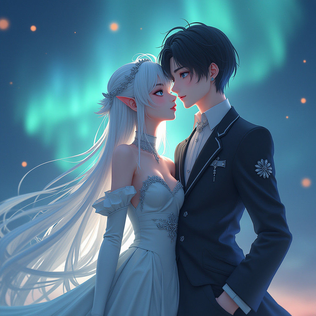 Elf Princess and Human in Romantic Anime Style