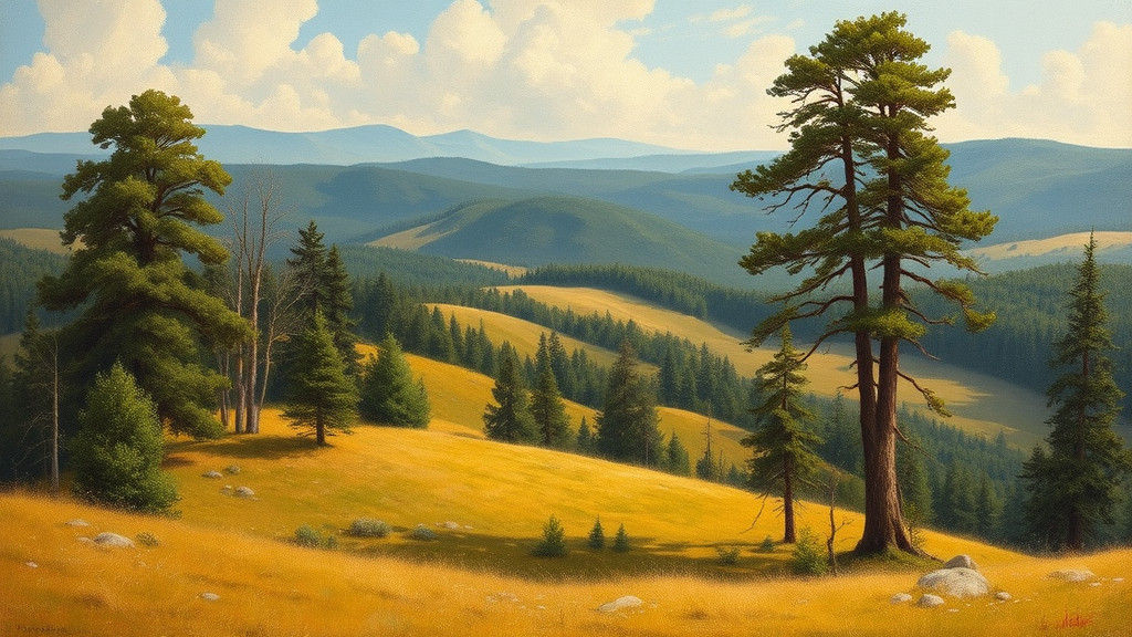 Hudson River School Landscape Painting with Golden Light