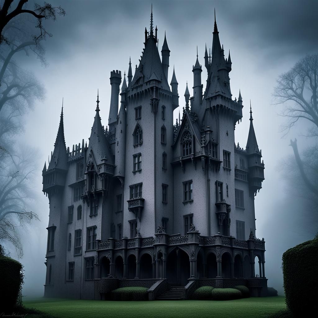The hauntingly enchanting  Adams family castle emerges from the mist, shrouded in mystery.