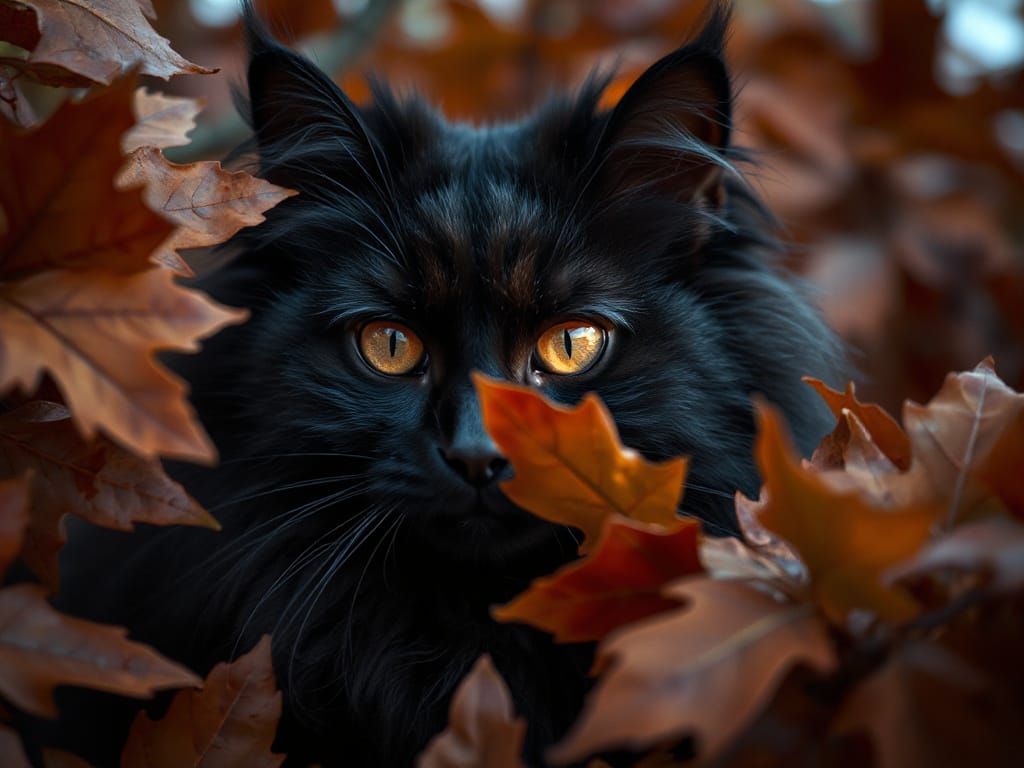 Fluffy Black Cat Peeking Through Fall Leaves