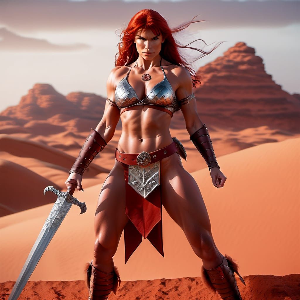 Muscular Red Sonja in Desert with Ornate Sword
