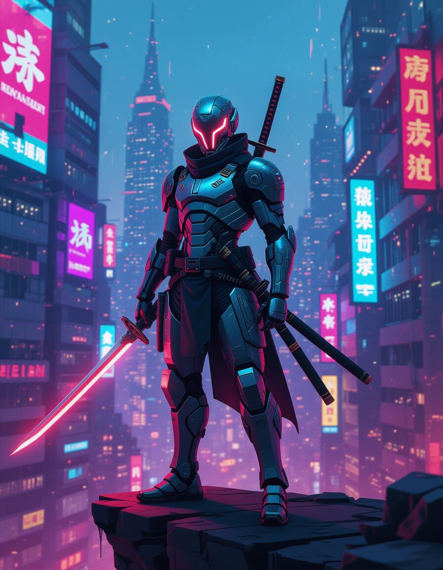 Cyborg Ninja in Futuristic Cityscape, Cel-Shaded Style