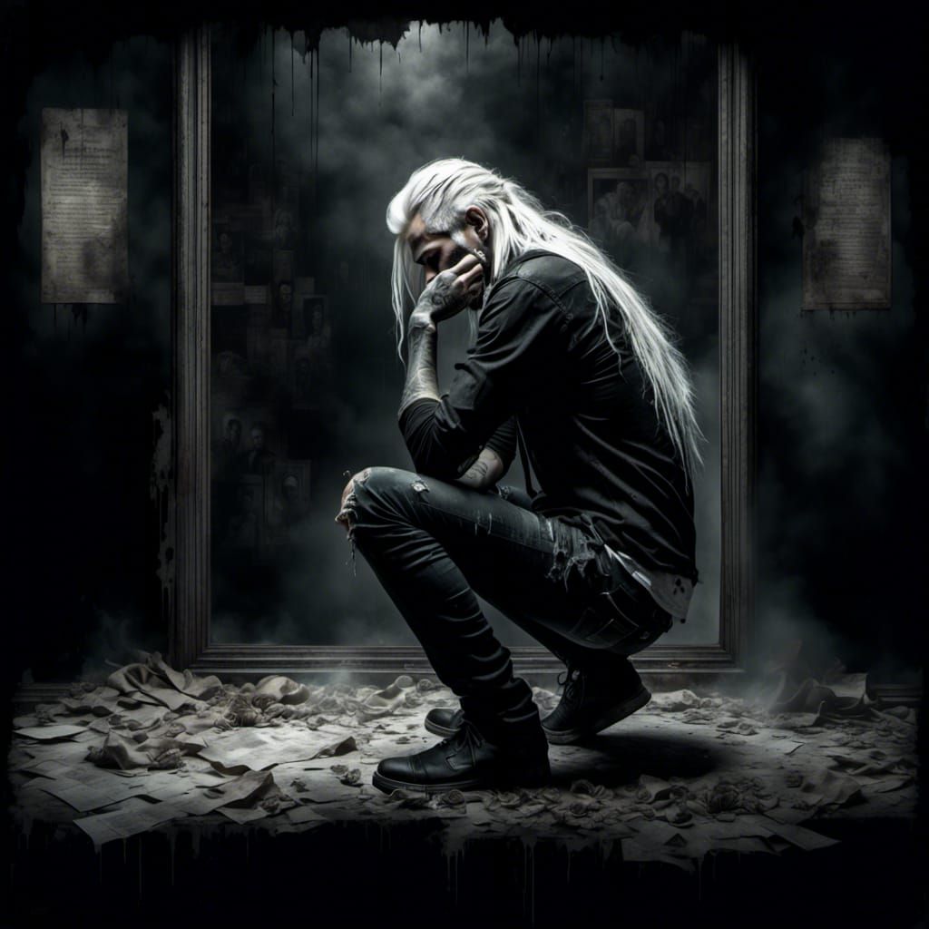 Despairing Man in Dark Room with Cold Light