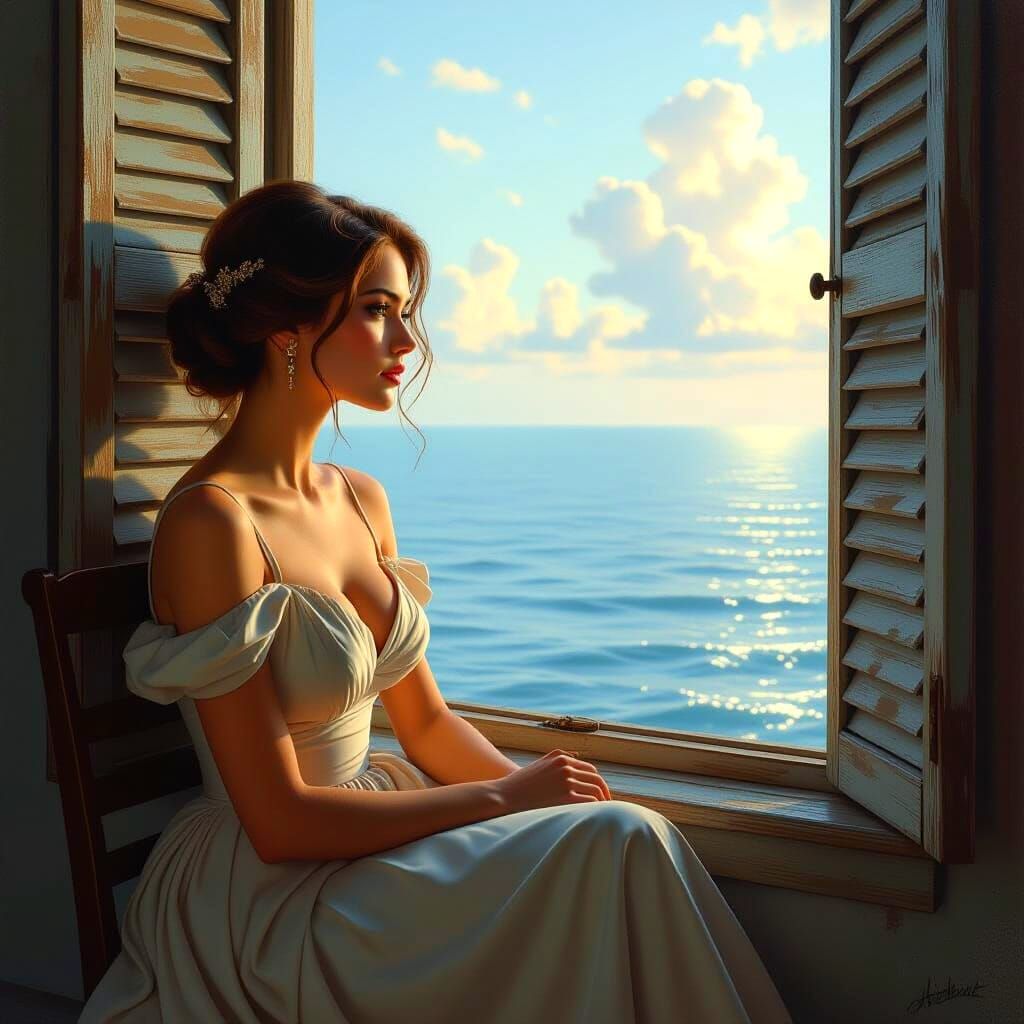 Photorealistic Woman Gazing at Sea From Window