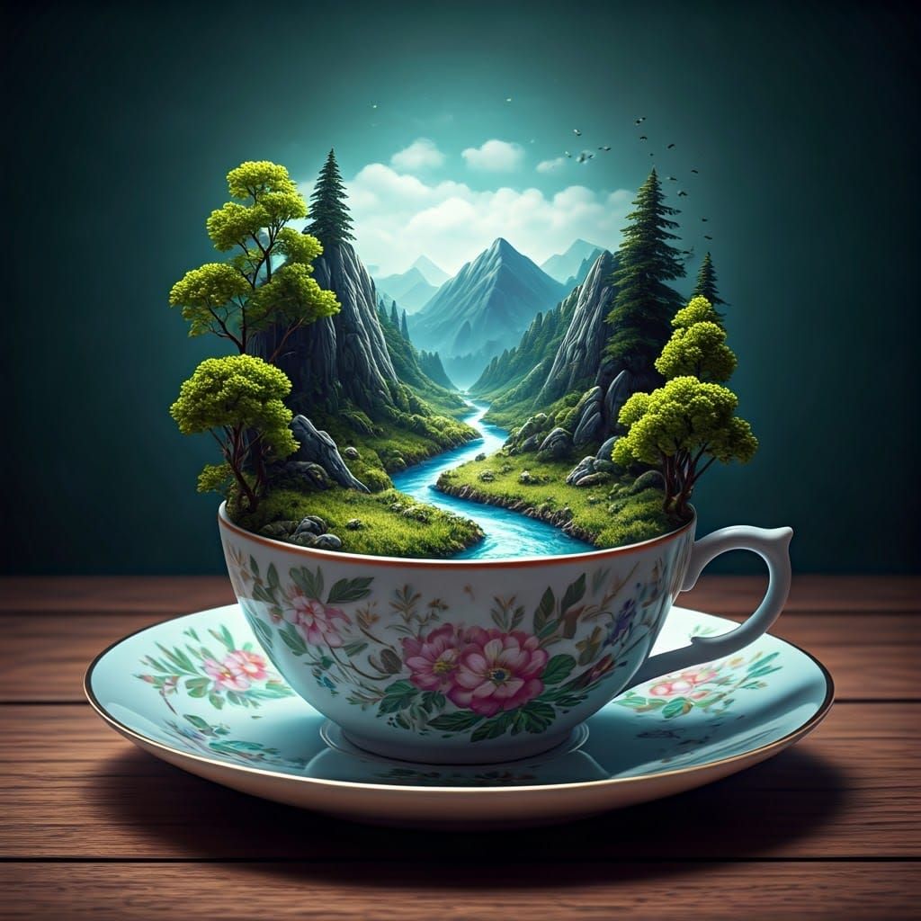 Miniature Mountain Valley Diorama in Porcelain Teacup