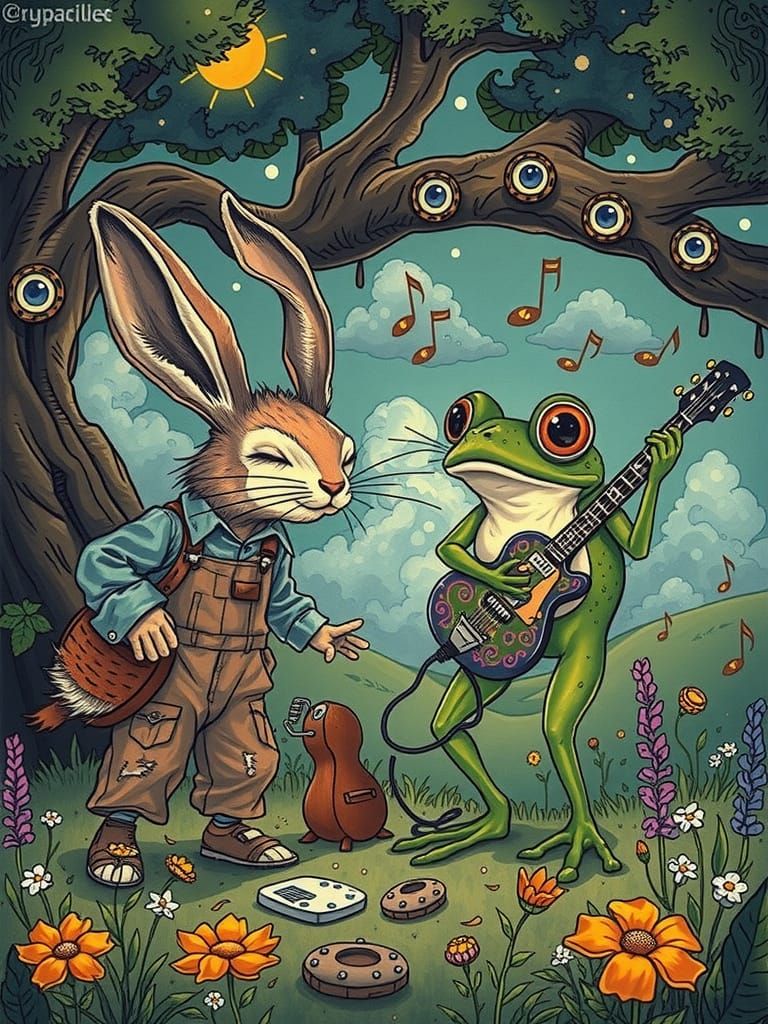 Whimsical Rabbit and Frog Jam Session in a Sunny Outdoor Con...