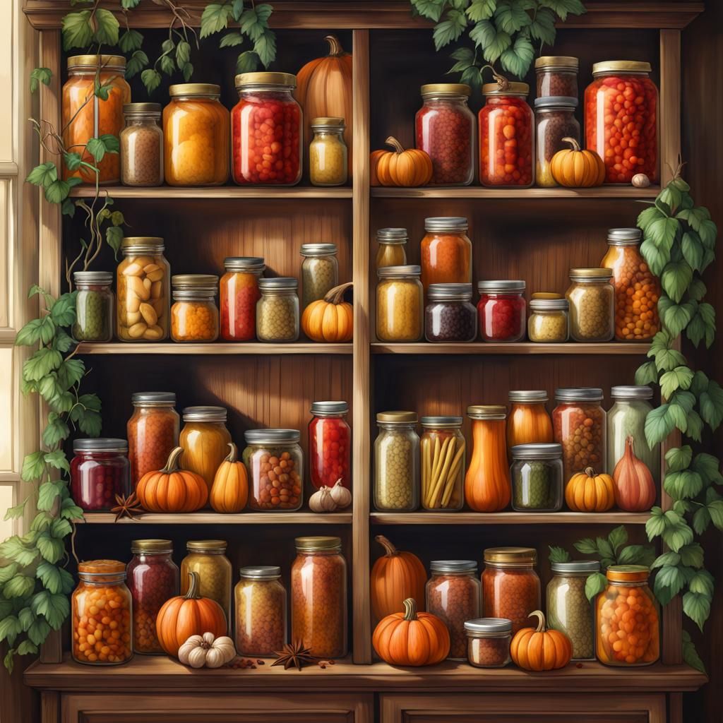 Colorful Canned Goods in Wooden Cabinet Illustration
