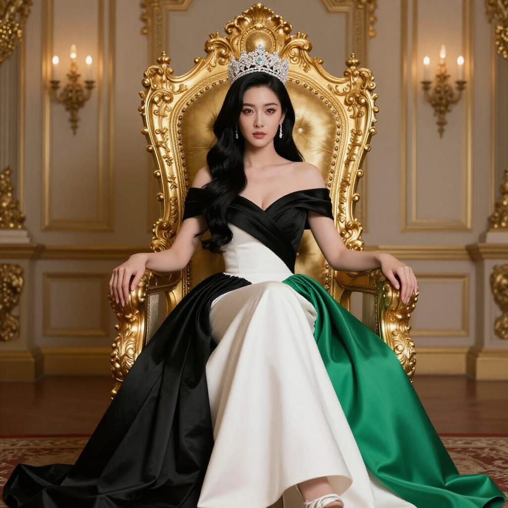 Queen in Luxurious Gown and Crystal Crown on Golden Throne