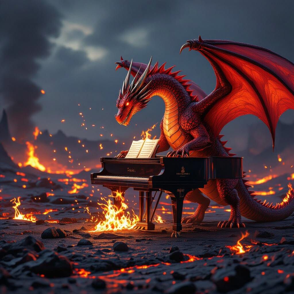 Dragon Playing Fiery Piano on Lava Field