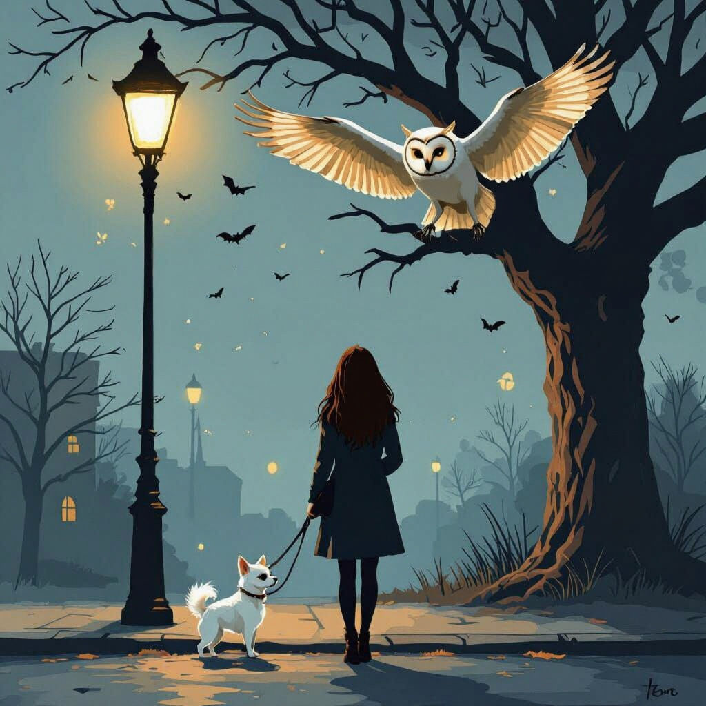 Woman and Chihuahua Under Streetlight, Painterly Style