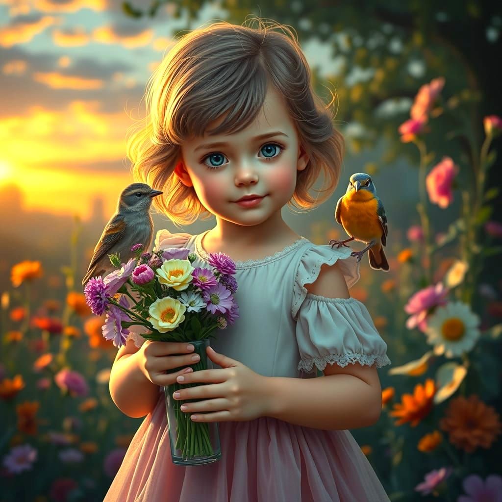 Cute Girl Surrounded by Birds in a Fantastical Garden at Sun...