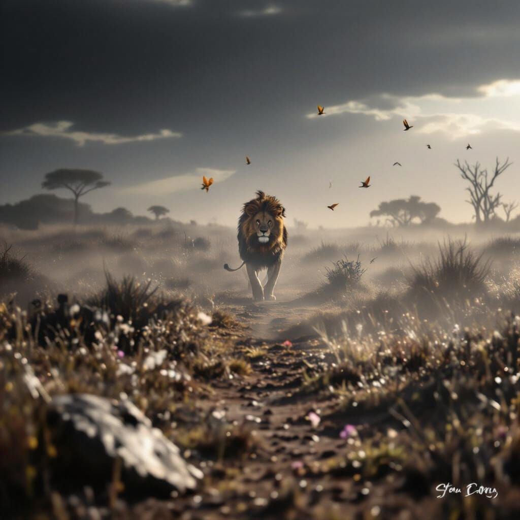 Majestic Lion Striding Through African Savanna