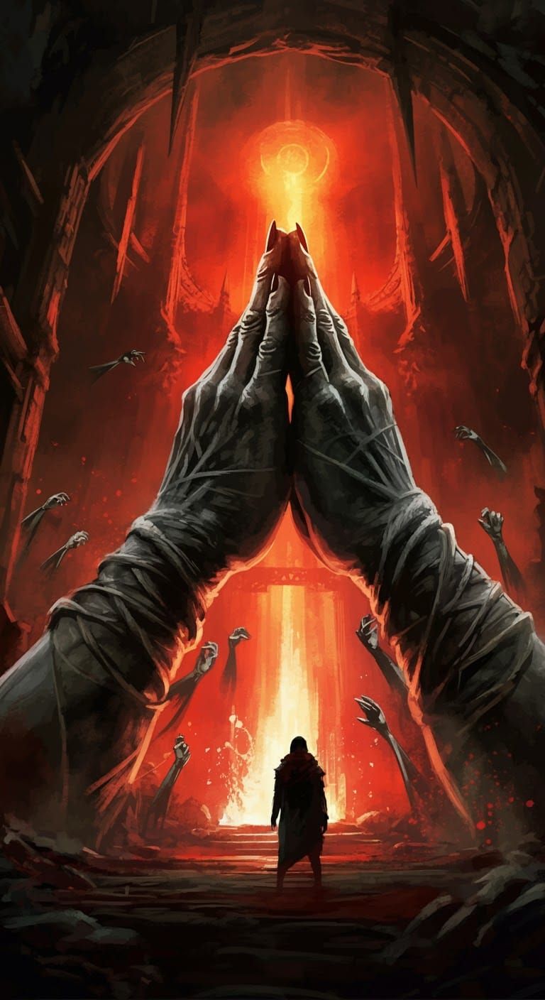 Demonic Hands Praying in Stone Cavern