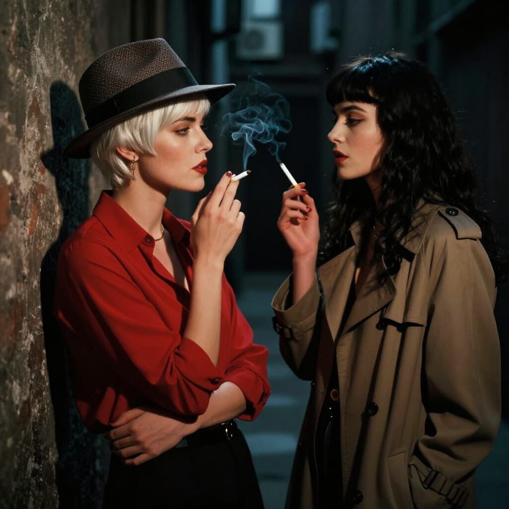 Film Noir Scene: Woman in Fedora in Dark Alley