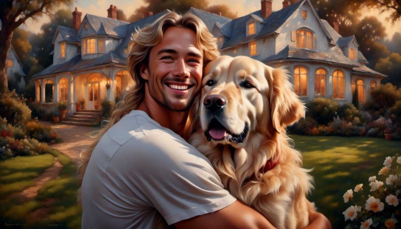 Man and Dog Hugging in Hyperrealistic Portrait