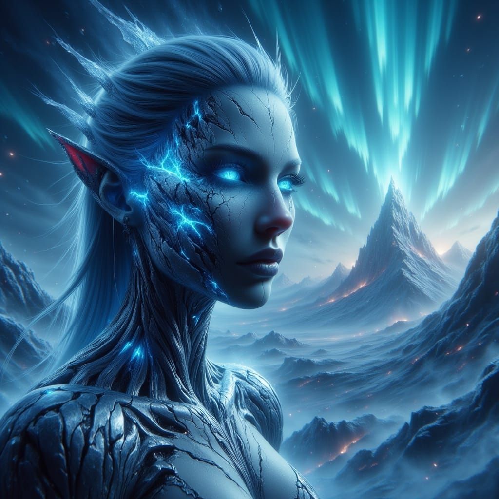 Cyborg Queen Reigns in Barren, Snow-Shrouded Landscape