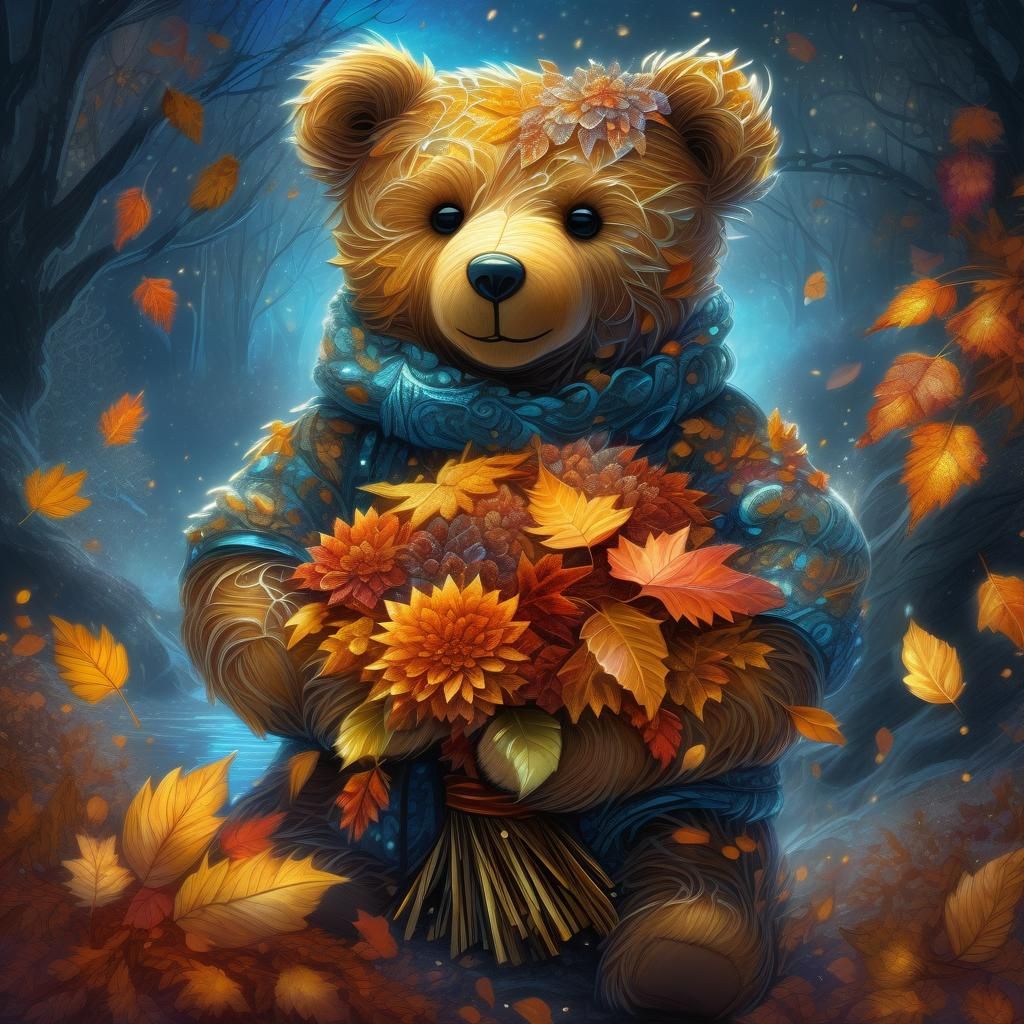 Teddy Bear with Autumn Bouquet in Magical Realism