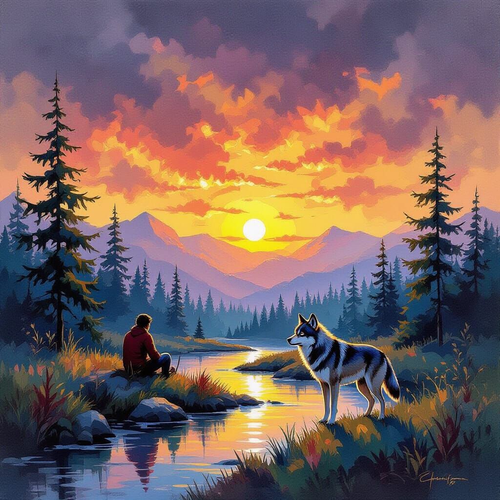 Lone Wolf in Rainy Wilderness Sunset