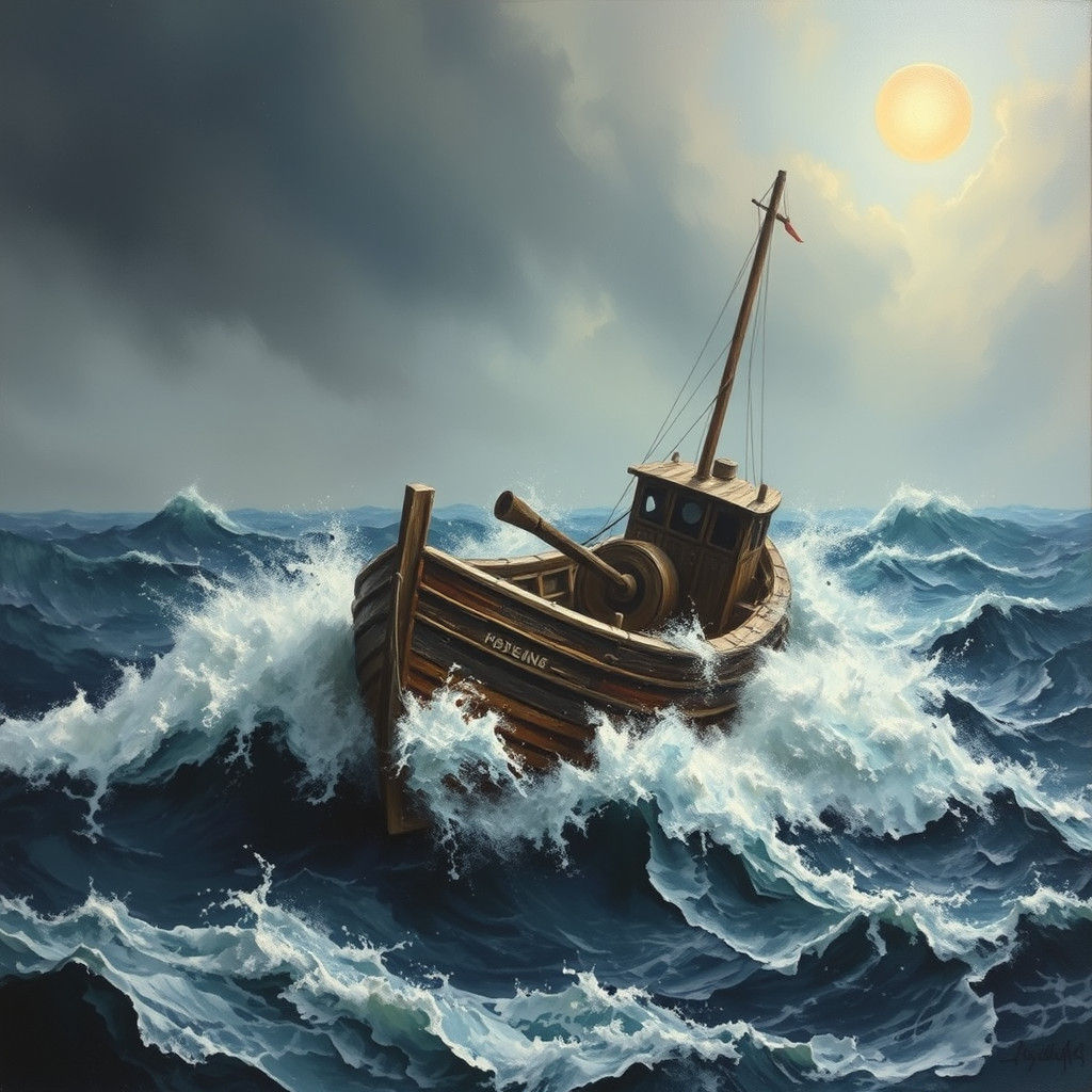 Tempestuous Seas: Weathered Boat in Dramatic Oil Painting