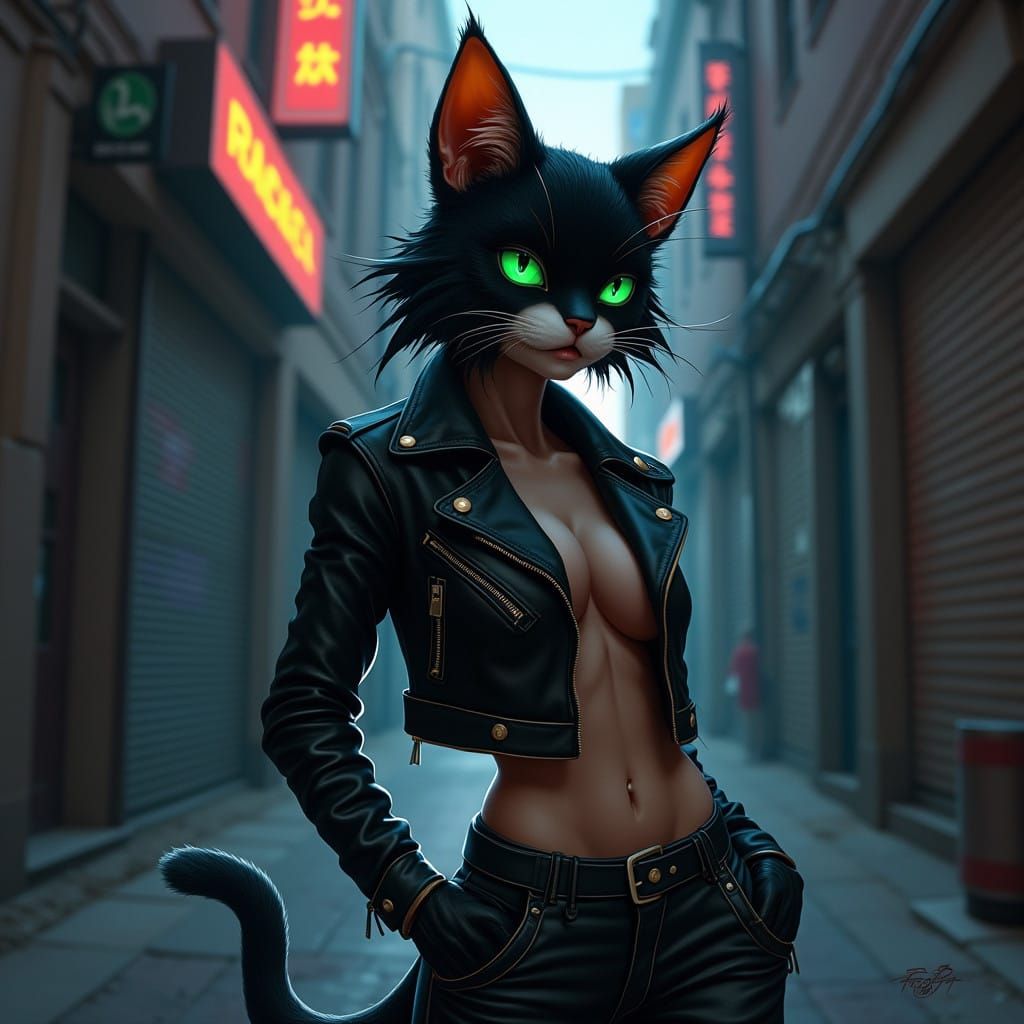 Cyberpunk Feline Goddess in Leather Jacket