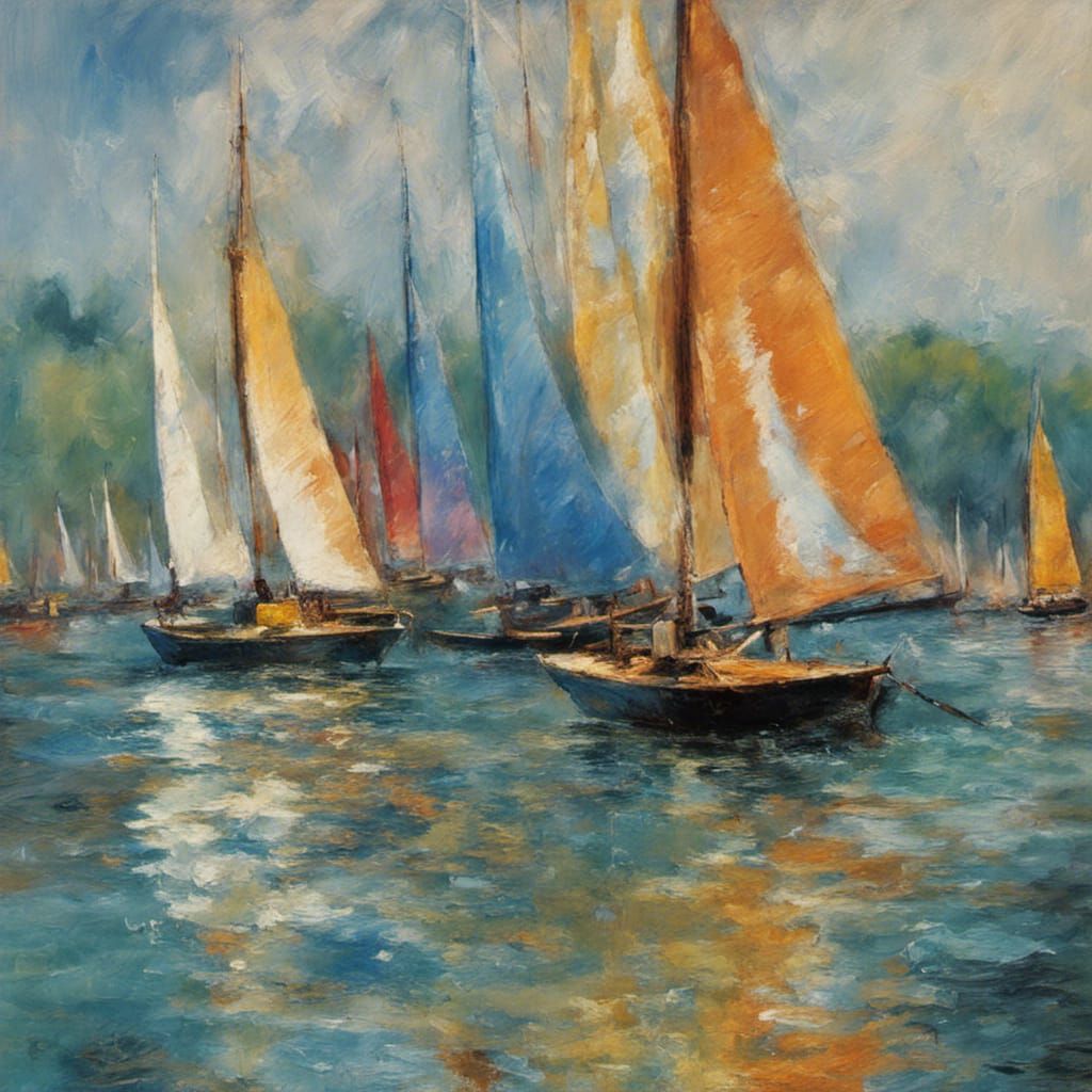Impressionistic Sailboats on the Beach in Deep Color