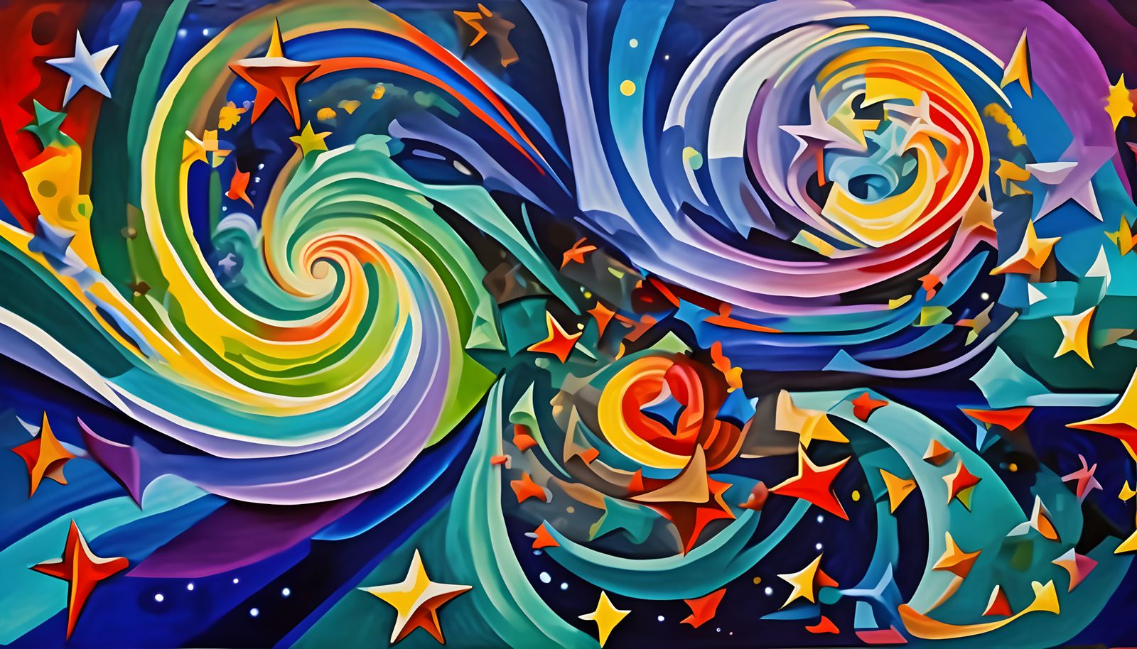 Vibrant Cosmic Paint Swirls with Pointy Stars