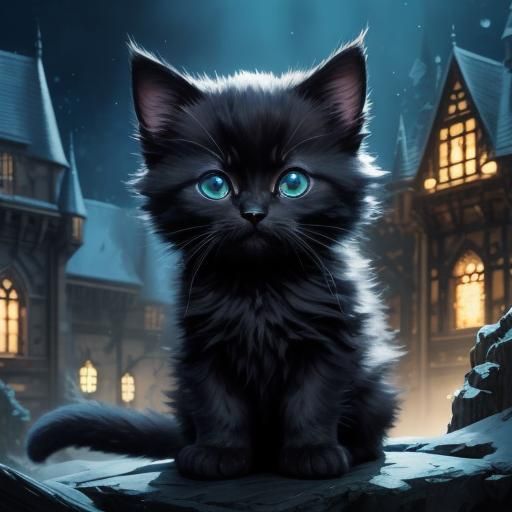 Chibi Black Kitten on Bioluminescent Castle Grounds
