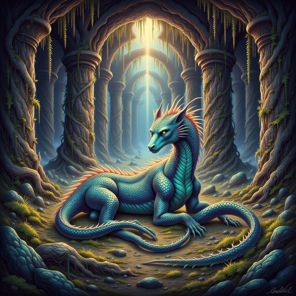 Bioluminescent Creature in Ancient Temple