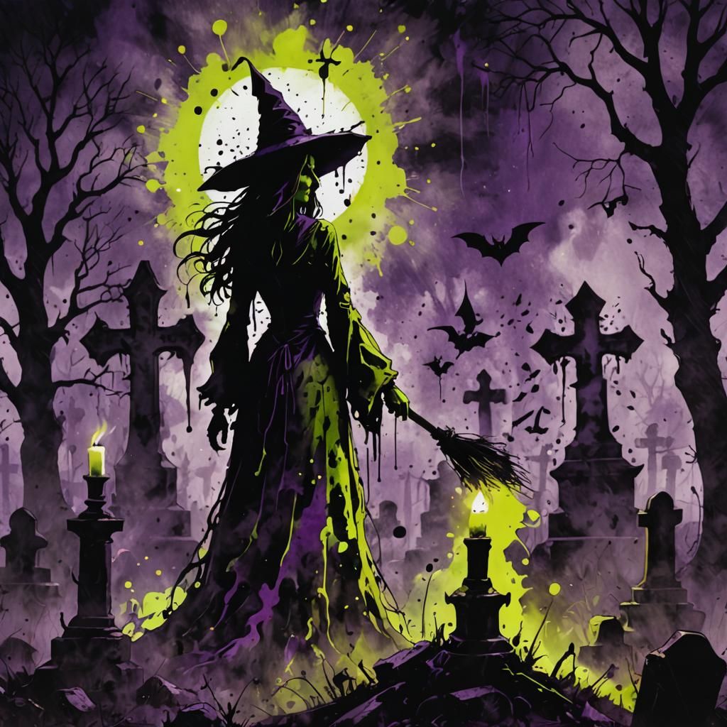 Witch in Graveyard Ink Splatter Art