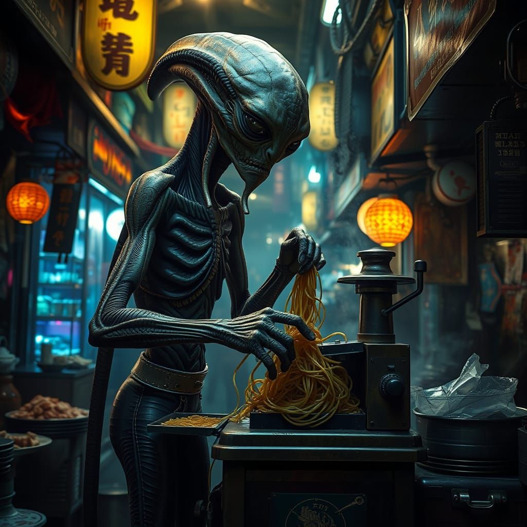 Alien Chef in a Cosmic Noodle Market