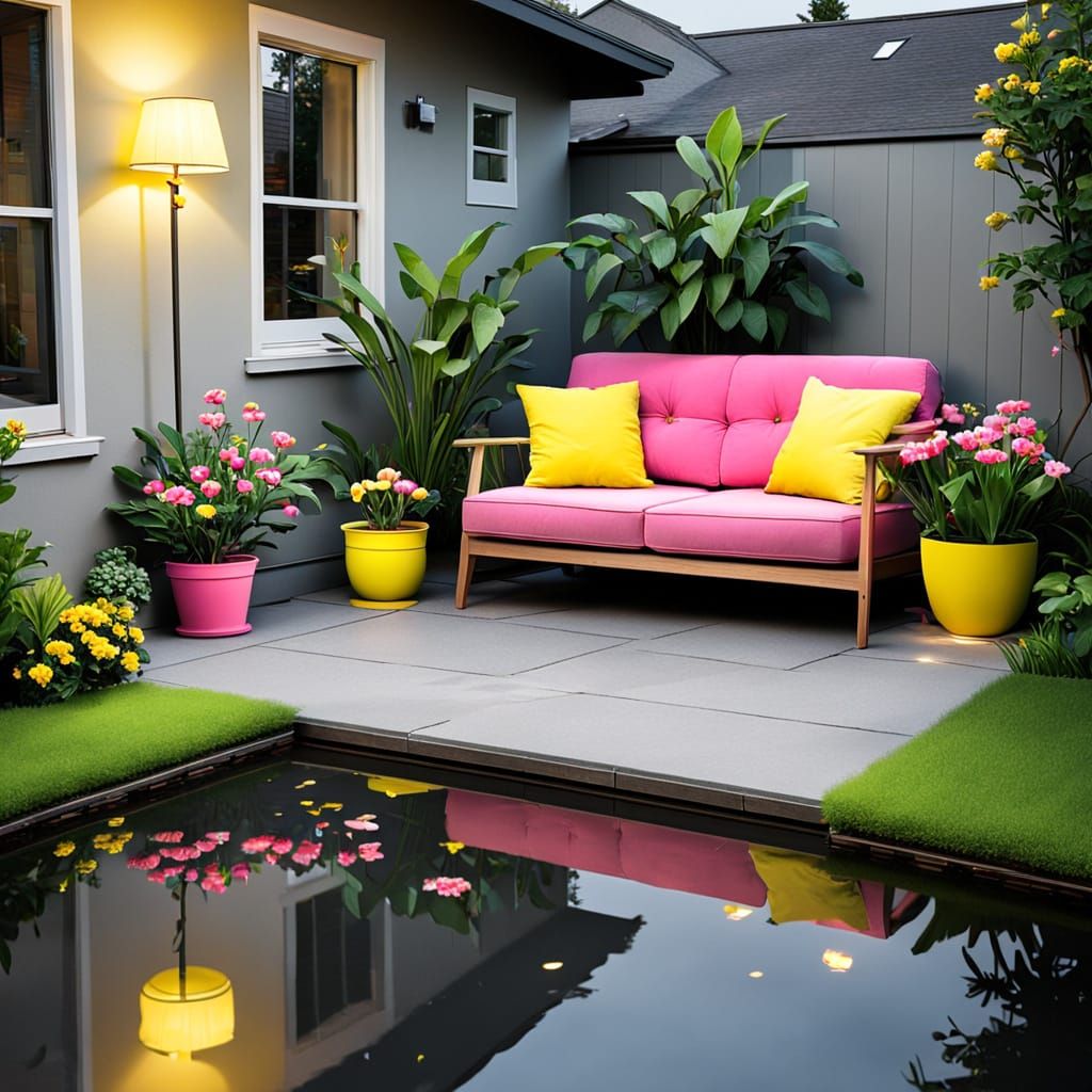 Cozy Home Interior with Pink Sofa at Night