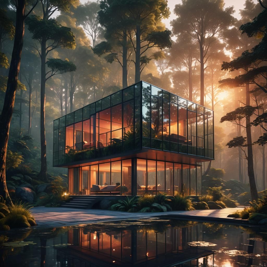 Glass House in Forest Reflecting Sunset Hues