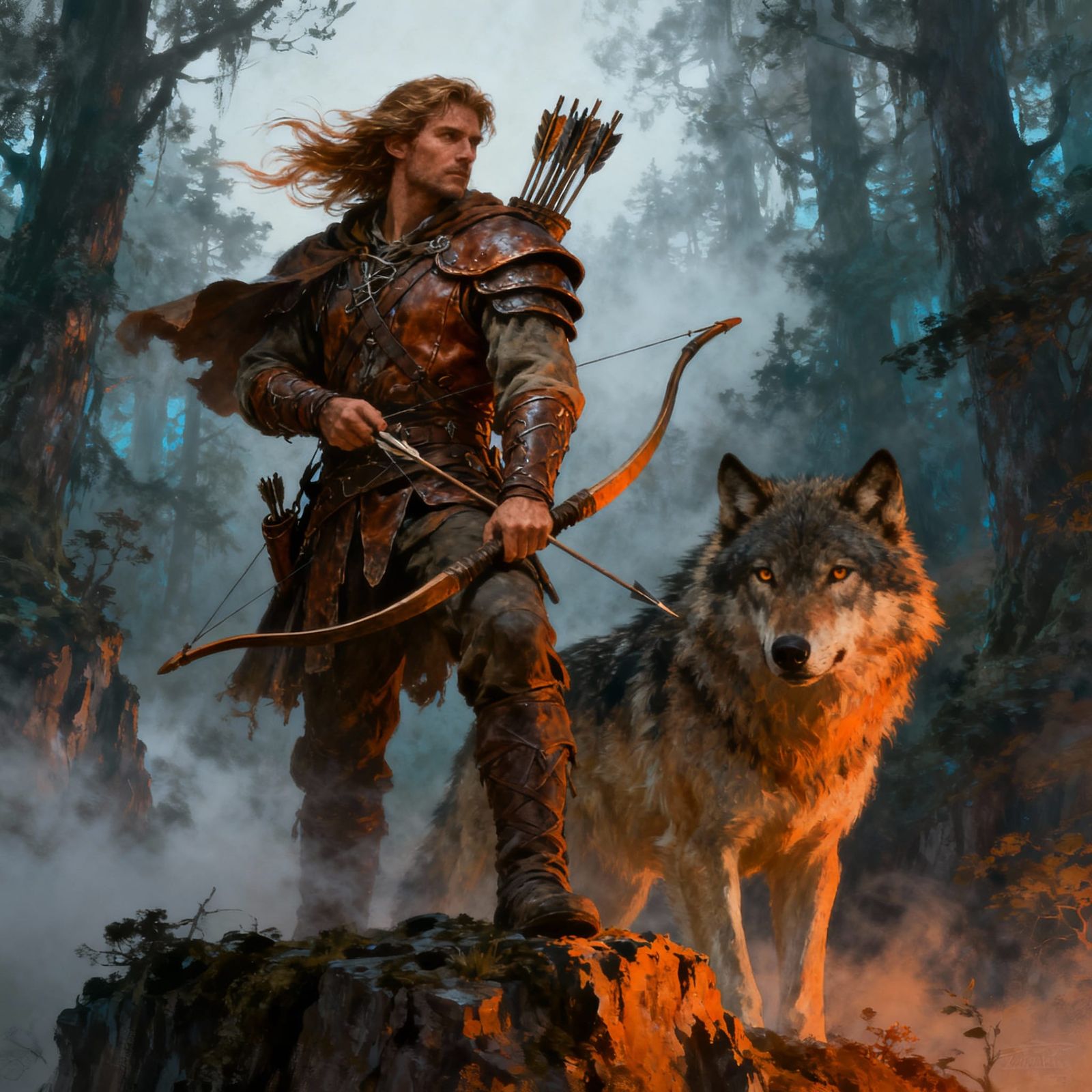 Fantasy Ranger and Wolf on Cliff Overlooking Forest