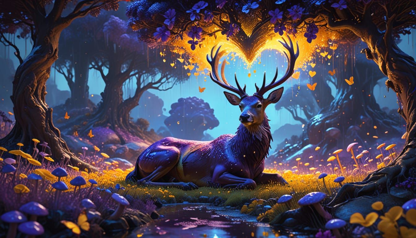 Surreal Oil Painting of Purple Deer in Vibrant Garden