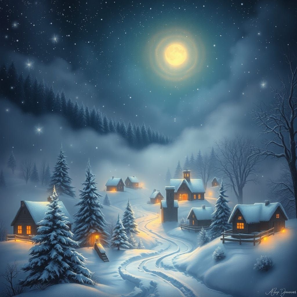 Whispering Christmas Village Nightscape in Soft, Ethereal Li...