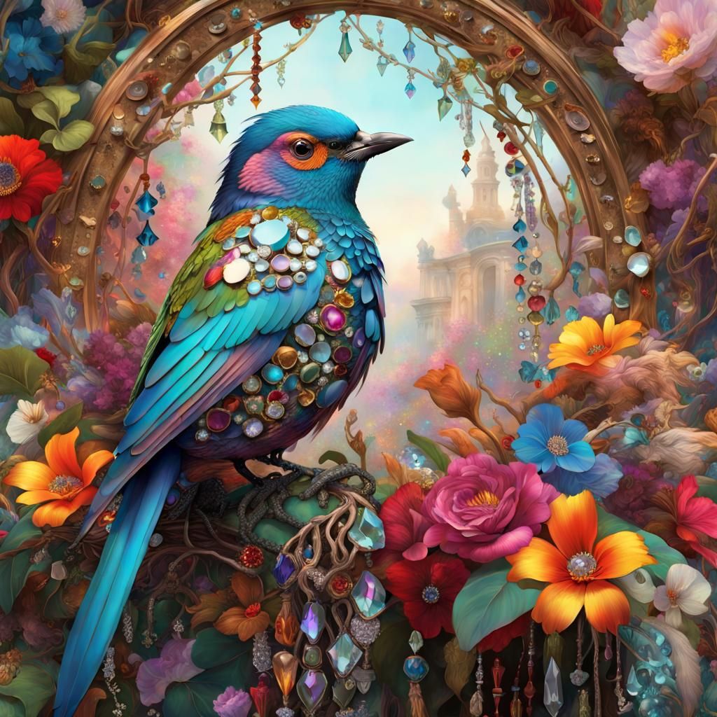Jeweled Bird in a Hypermaximalist Floral Scene