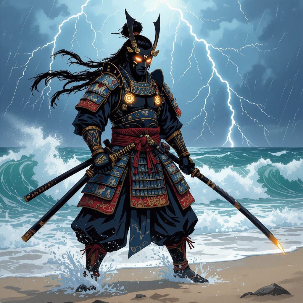 Oni Warrior in Stormy Seas, Ukiyo-e Style