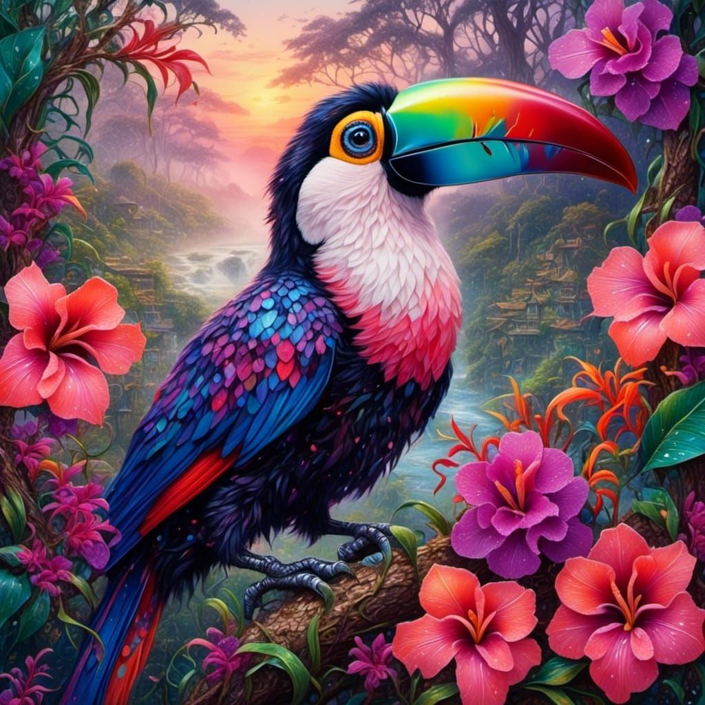 Vibrant Toucan with Lush Rainforest Backdrop