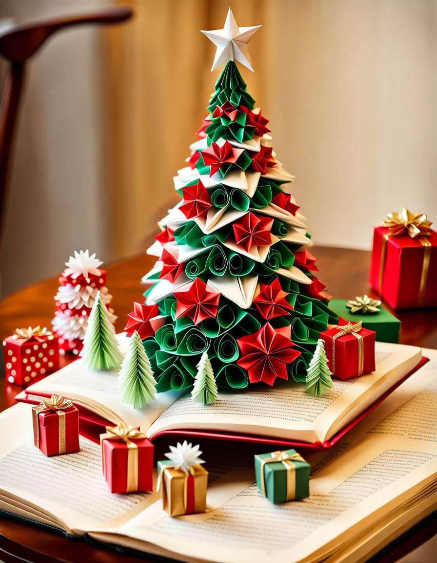 Intricate Origami Christmas Scene in Open Book